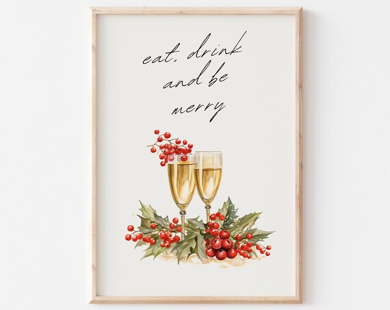 Eat Drink and Be Merry Watercolor Champagne Toast Bar Cart Holiday Poster