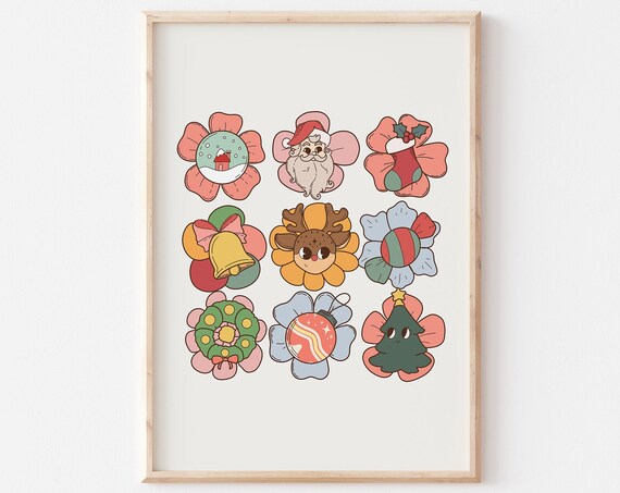 Groovy Retro Daisy Flowers With Christmas Icons Holiday Wall Poster