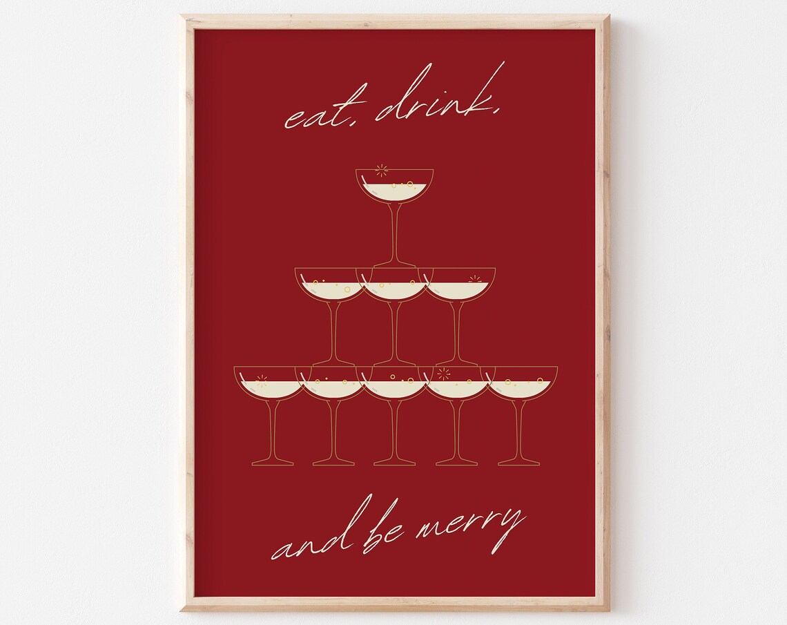 Eat Drink And Be Merry Bold Red Champagne Coupe Tower Party Poster