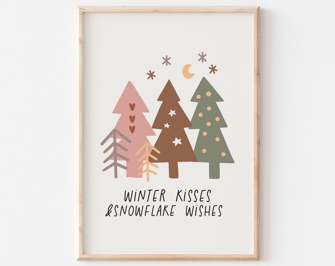 Winter Kisses And Snowflake Wishes Pastel Trees Christmas Poster