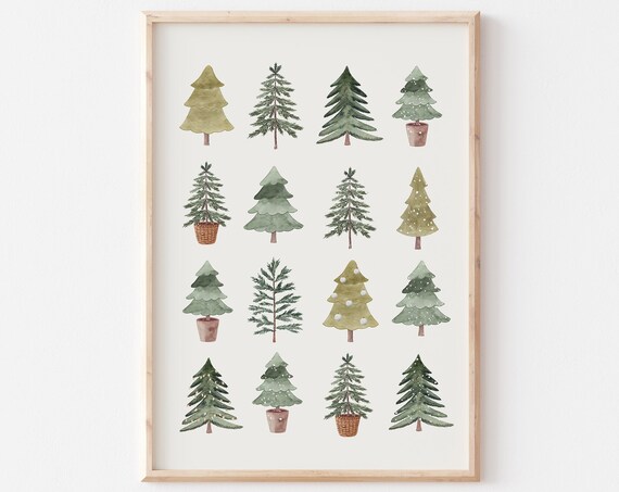 Sixteen Watercolor Evergreen Trees Grid Minimalist Christmas Holiday Poster