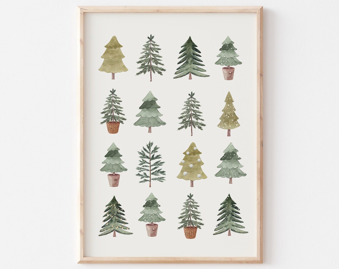 Sixteen Watercolor Evergreen Trees Grid Minimalist Christmas Holiday Poster