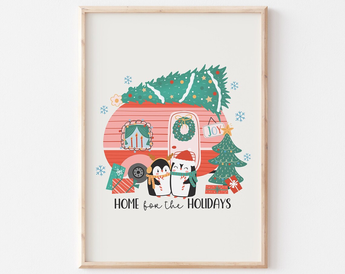 Home for the Holidays Pink Camper Van Penguins Christmas Poster