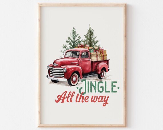 Jingle All the Way Red Vintage Truck Christmas Farmhouse Poster