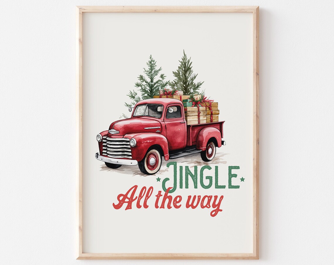 Jingle All the Way Red Vintage Truck Christmas Farmhouse Poster