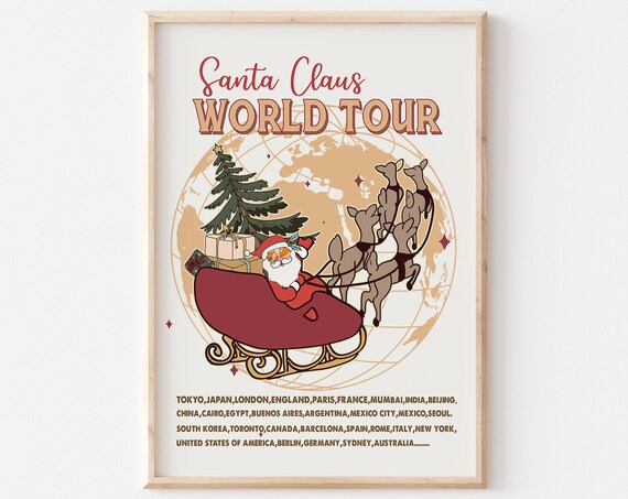 Santa Claus World Tour Sleigh Over Globe Cities Retro Holiday Poster