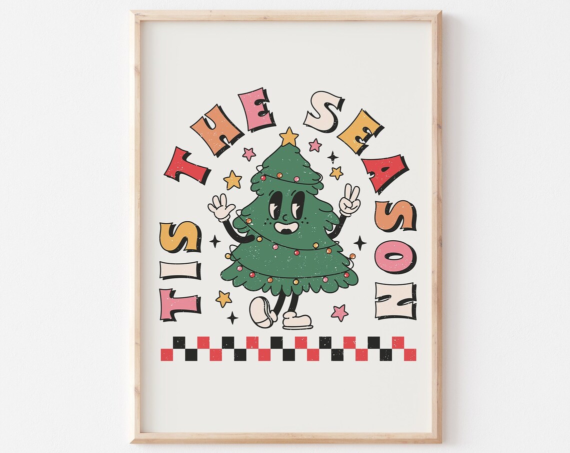 Tis The Season Retro Smiling Christmas Tree Character Wall Art