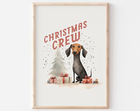 Christmas Crew Watercolor Dachshund Dog Holiday Gift Scene Poster
