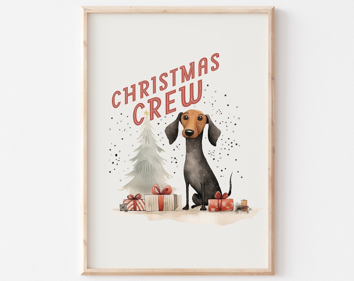 Christmas Crew Watercolor Dachshund Dog Holiday Gift Scene Poster