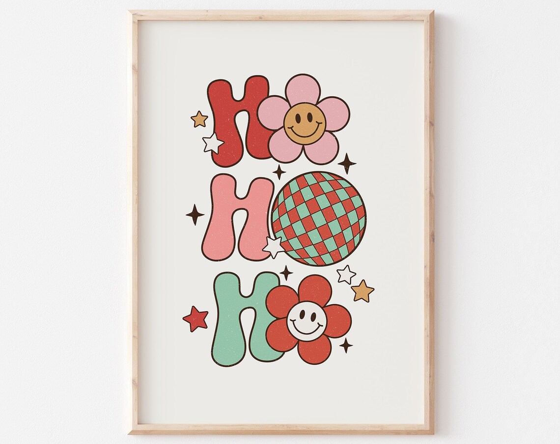 Ho Ho Ho Groovy Smiley Daisies Disco Ball Retro Holiday Poster