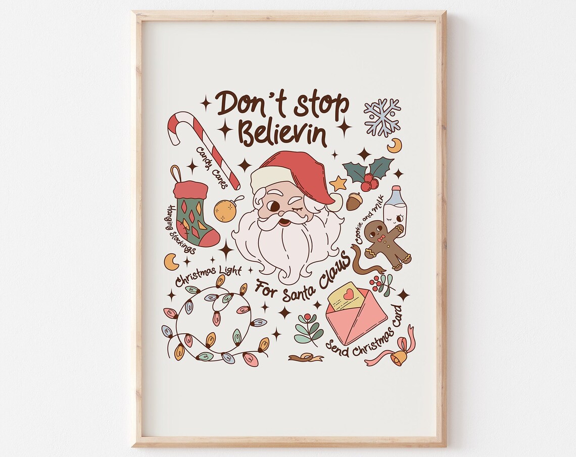 Don't Stop Believin Winking Santa Doodle Christmas Lights Poster