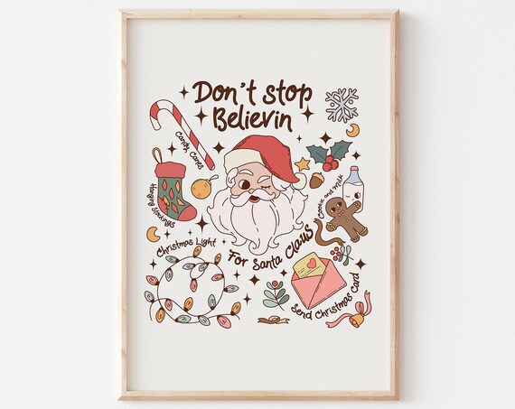 Don't Stop Believin Winking Santa Doodle Christmas Lights Poster