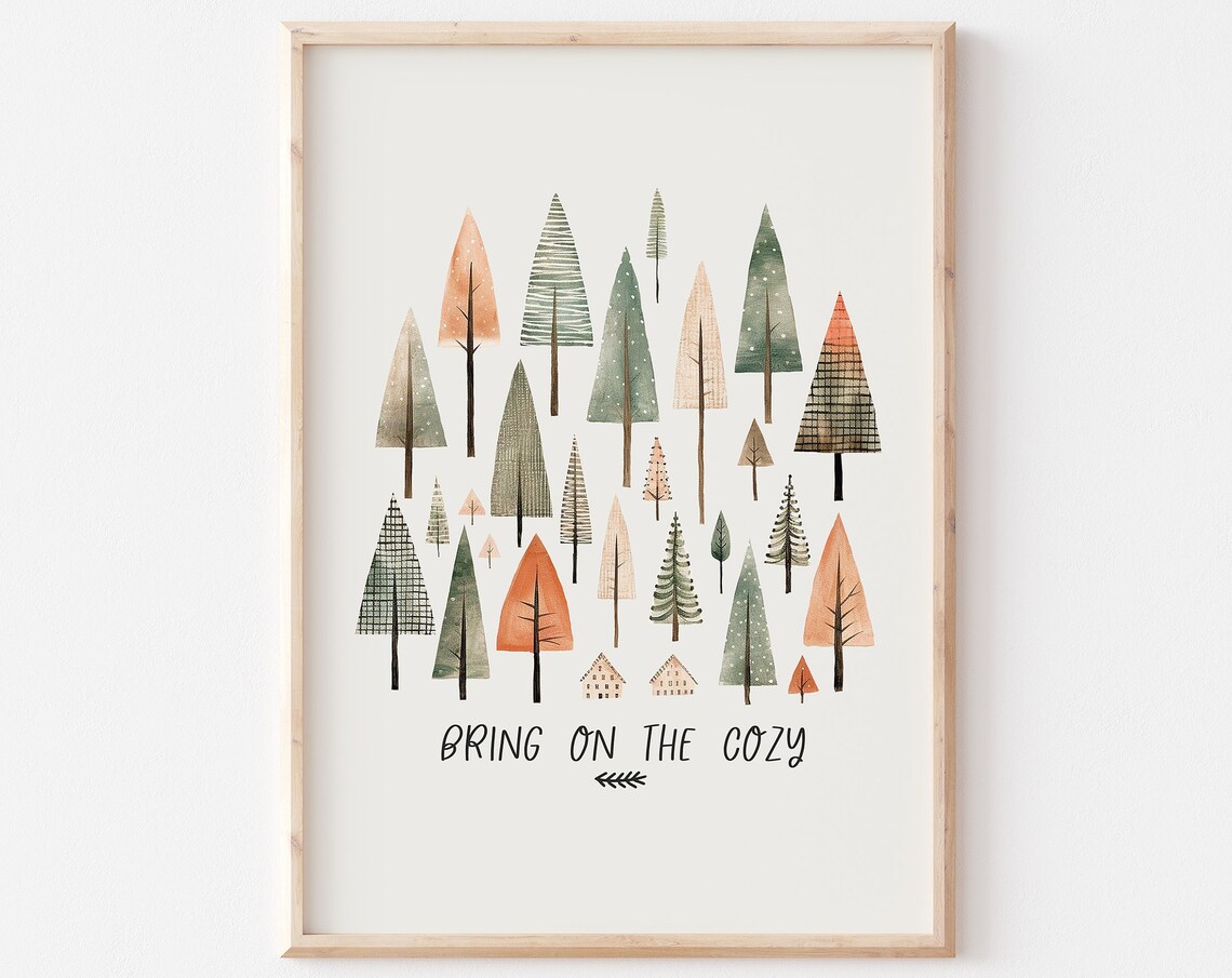 Bring On The Cozy Watercolor Winter Forest Scene Trees Wall Art