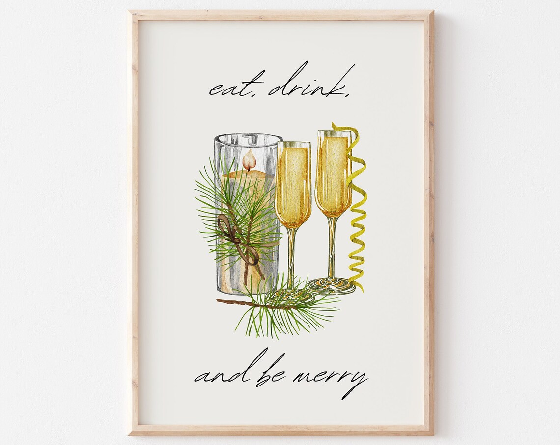 Eat Drink And Be Merry Champagne Candle Pine Watercolor Christmas Poster