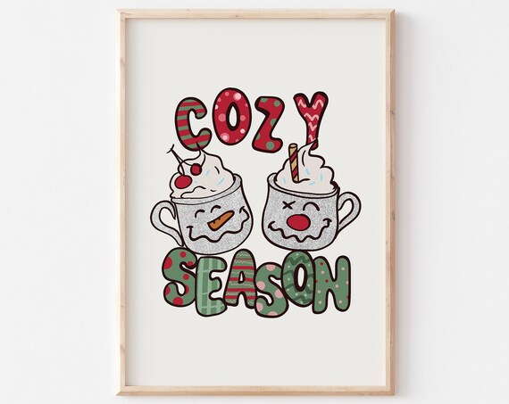 Cozy Season Two Smiling Hot Cocoa Mugs Retro Christmas Wall Poster