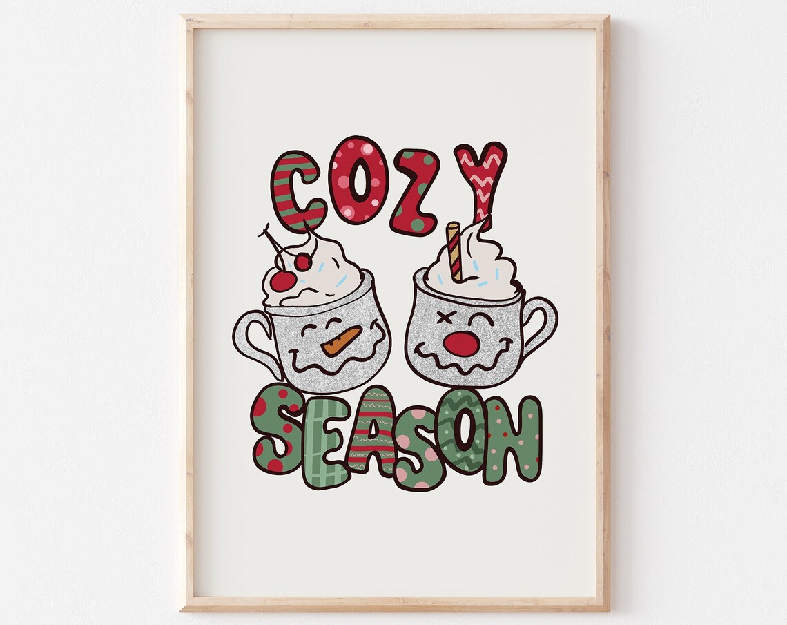 Cozy Season Two Smiling Hot Cocoa Mugs Retro Christmas Wall Poster
