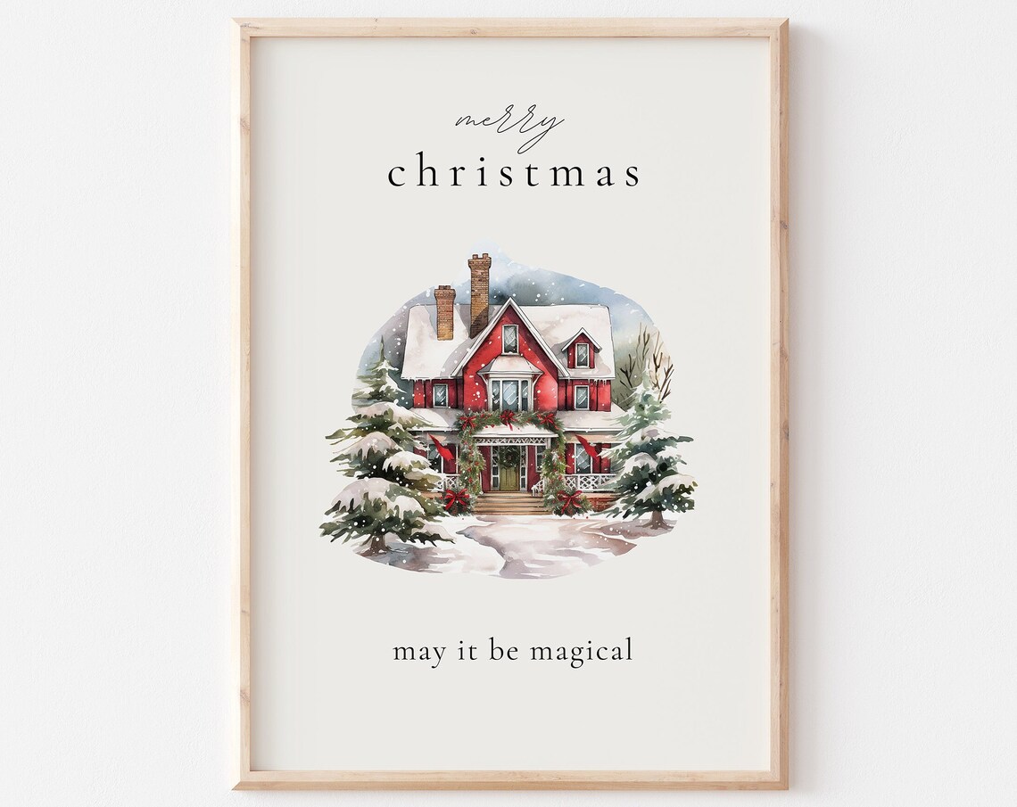 Merry Christmas May It Be Magical Red House Snow Watercolor Poster