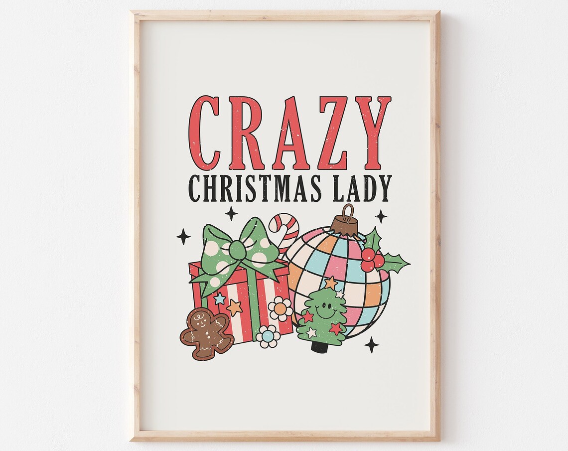 Crazy Christmas Lady Retro Ornaments Gift and Disco Bauble Poster