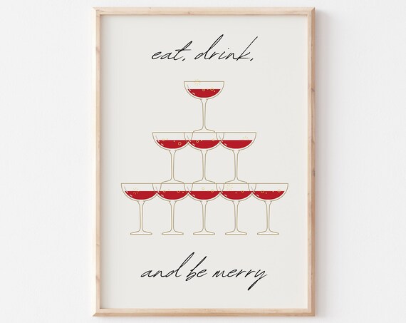 Eat Drink And Be Merry Cream Champagne Coupe Tower Party Poster