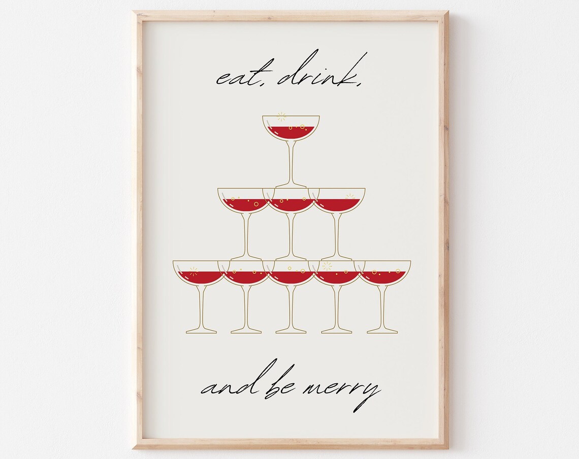Eat Drink And Be Merry Cream Champagne Coupe Tower Party Poster