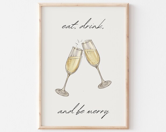 Eat Drink And Be Merry Clinking Champagne Flutes Minimal Christmas Poster