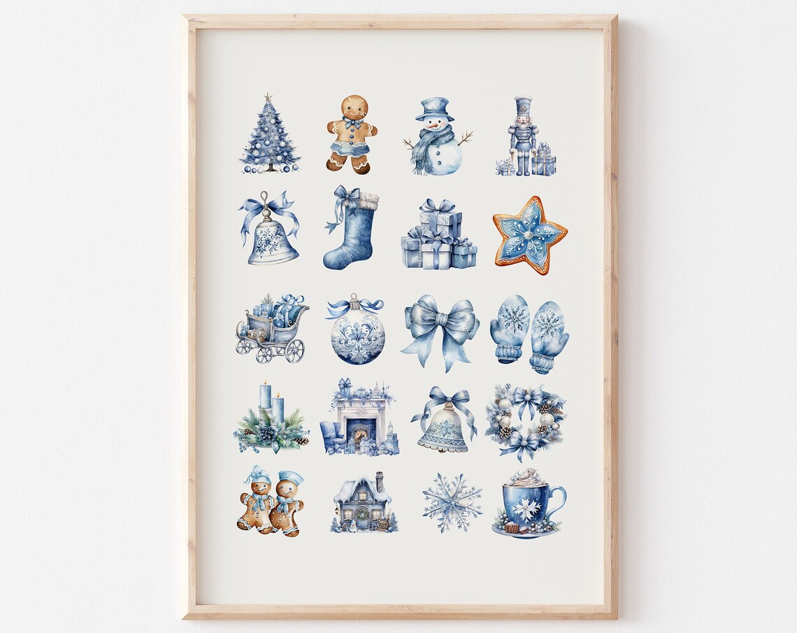 Blue Christmas Icons Watercolor Ornament Collage Holiday Wall Art