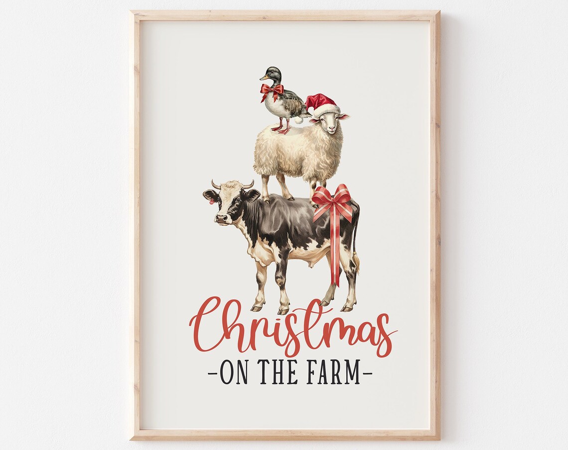 Christmas On The Farm Stacked Cow Sheep And Duck Watercolor Poster