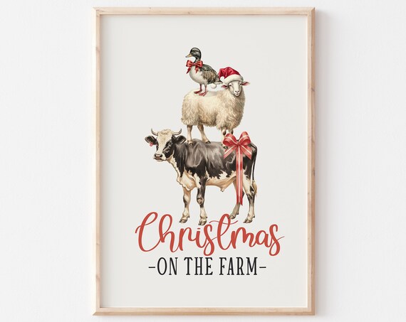 Christmas On The Farm Stacked Cow Sheep And Duck Watercolor Poster