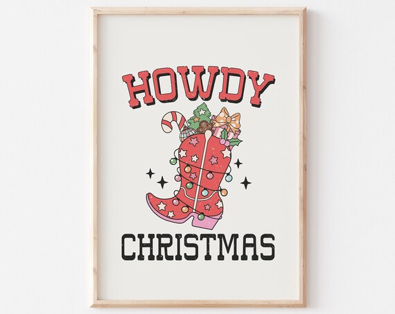 Howdy Christmas Red Cowboy Boot Lights Western Holiday Poster