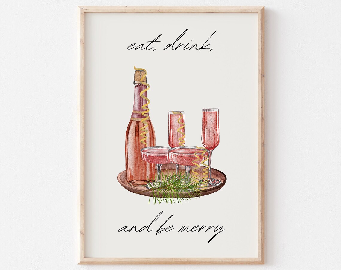 Eat Drink And Be Merry Champagne Bottle Tray Watercolor Quote Print
