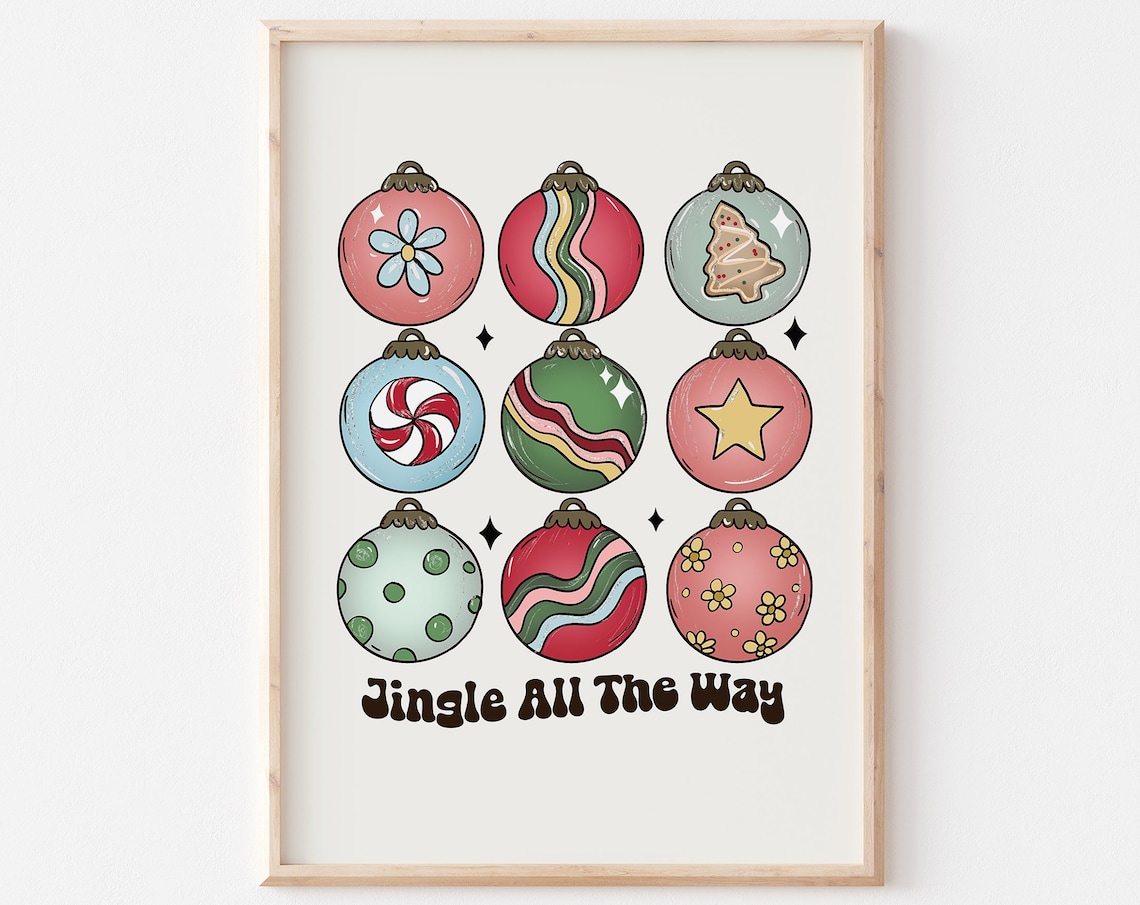 Jingle All the Way Colorful Retro Christmas Ornaments Grid Art Poster