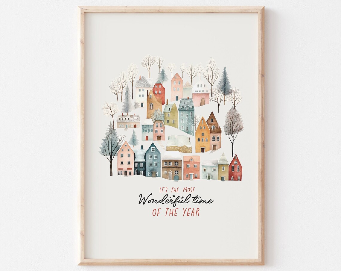 Its The Most Wonderful Time Snowy Pastel Christmas Village Print