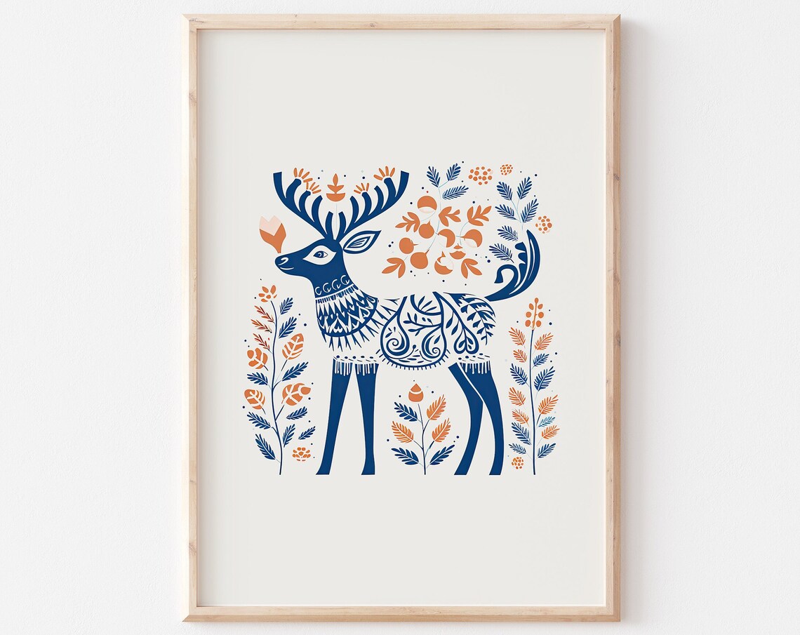 Scandinavian Folk Deer Navy Botanical Winter Forest Art Poster