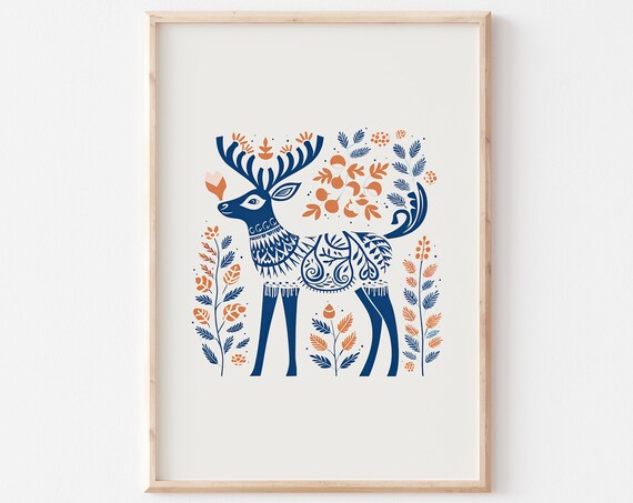 Scandinavian Folk Deer Navy Botanical Winter Forest Art Poster