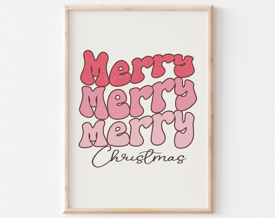 Merry Merry Merry Christmas Pink Groovy Bubble Typography Poster