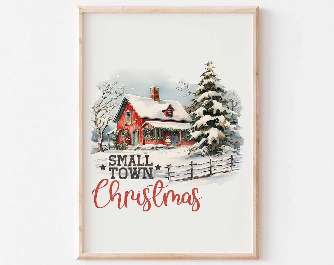 Small Town Christmas Snowy Red Farmhouse Winter Watercolor Poster