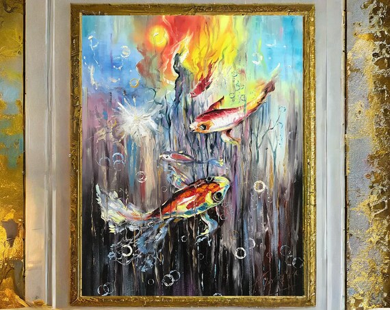 Koi Fish Painting On Koi Fish Color Art Goldfish Painting Koi Fish Abstract Artwork Undersea Painting Abstract Underwater Artwork