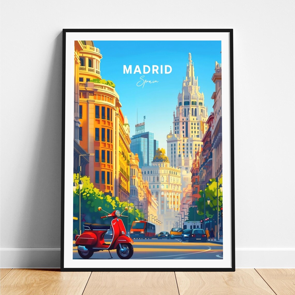 Madrid Gran Via Street Red Scooter Tall Buildings Day Travel Poster