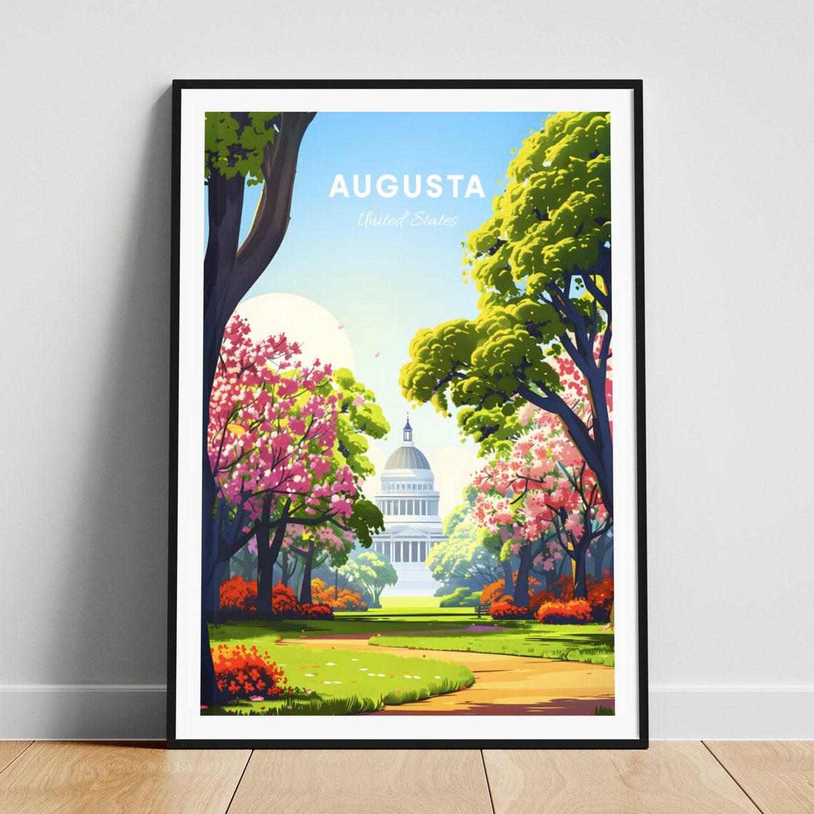 Augusta Maine Capitol Building Park Spring Blossom Scene Poster