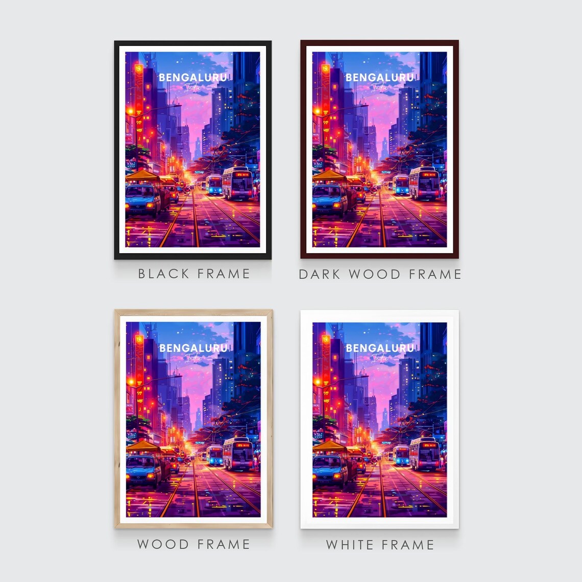 Bengaluru India Glowing Neon Night City Street Buses Travel Poster - Image 3