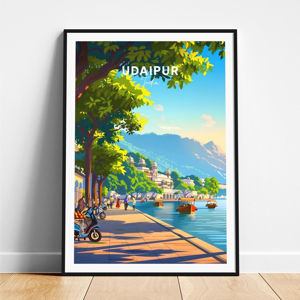 Udaipur Lakefront Promenade Palace Boats India Travel Poster