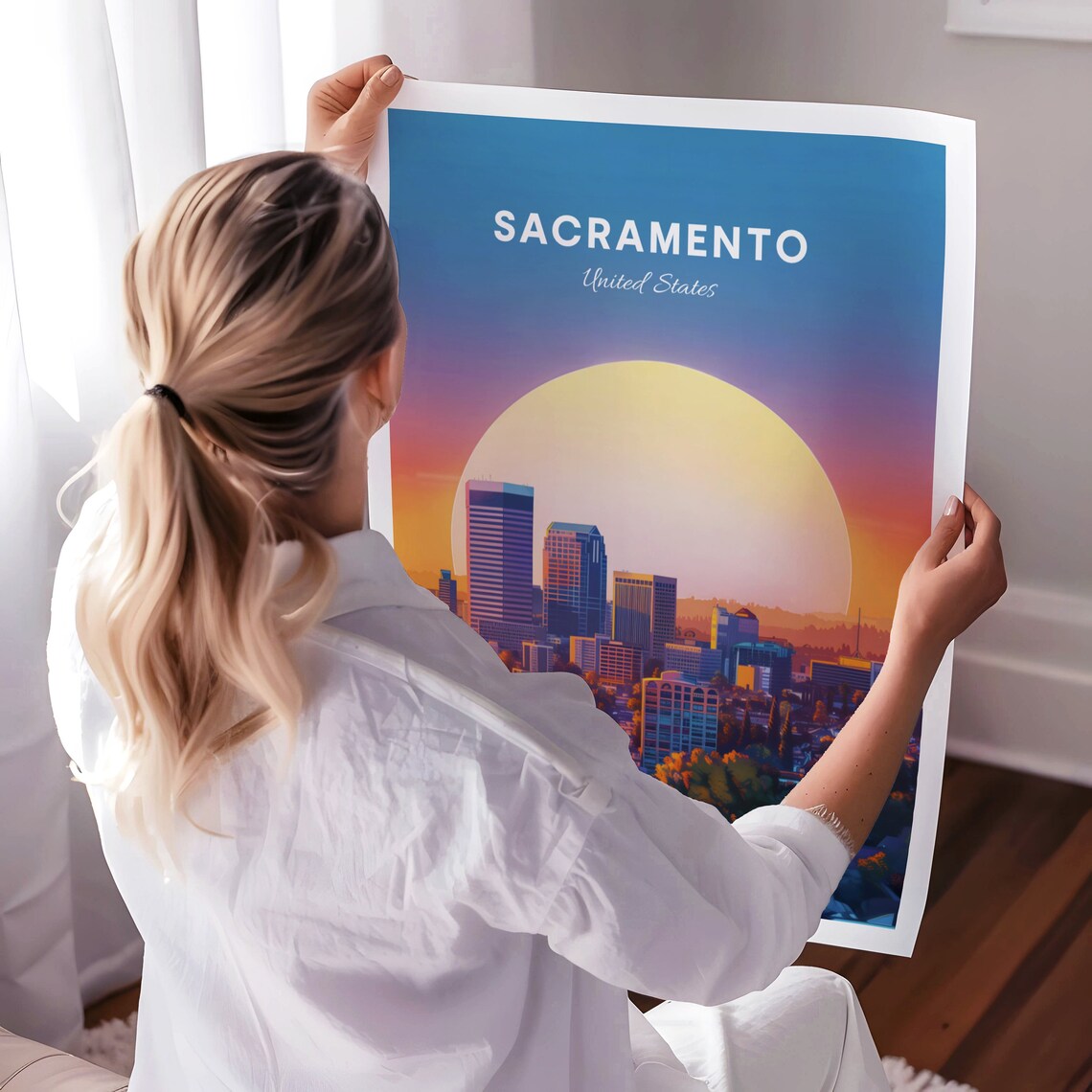 Sacramento City Skyline at Sunset Giant Sun Orange Trees Poster - Image 3