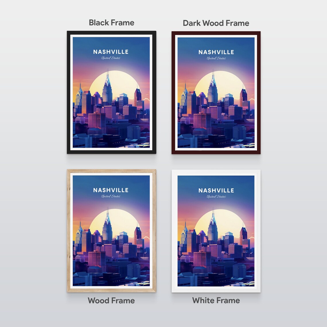 Nashville Tennessee Downtown Skyline Sunset Glow Travel Poster - Image 2