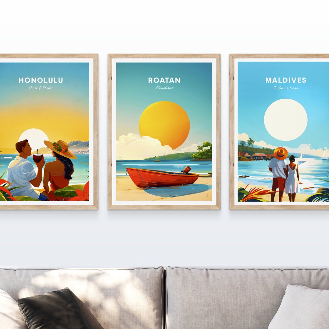 Roatan Honduras Warm Red Boat Beach Big Yellow Sun Travel Poster - Image 4