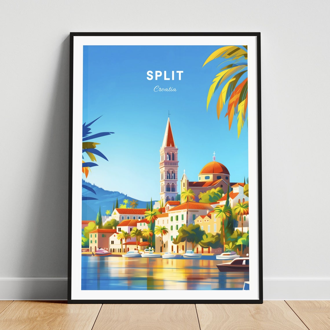 Split Croatia Harbor Cathedral Palm Trees Sunny Day Travel Poster