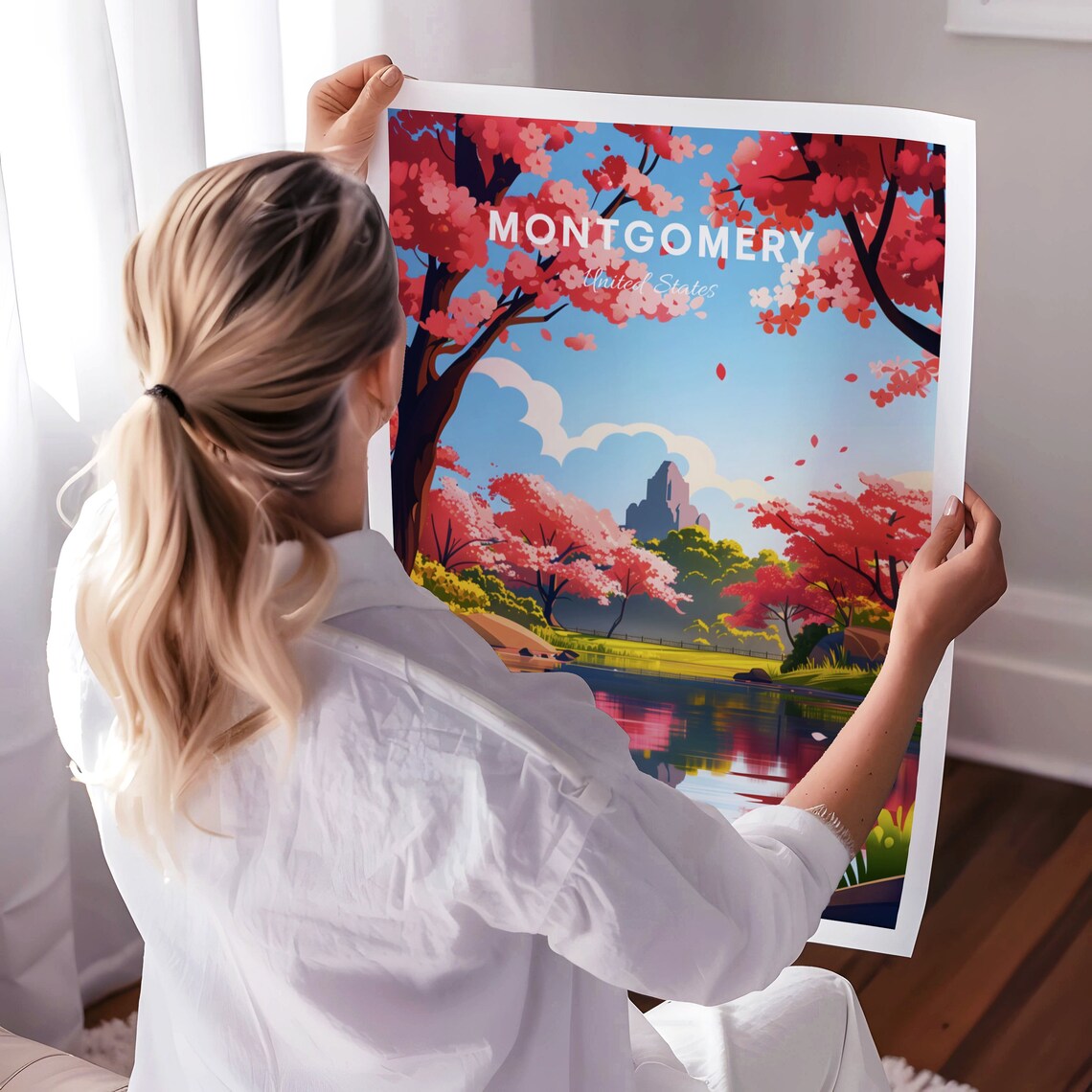 Montgomery Alabama Cherry Blossom Lake Reflection Travel Poster - Image 3