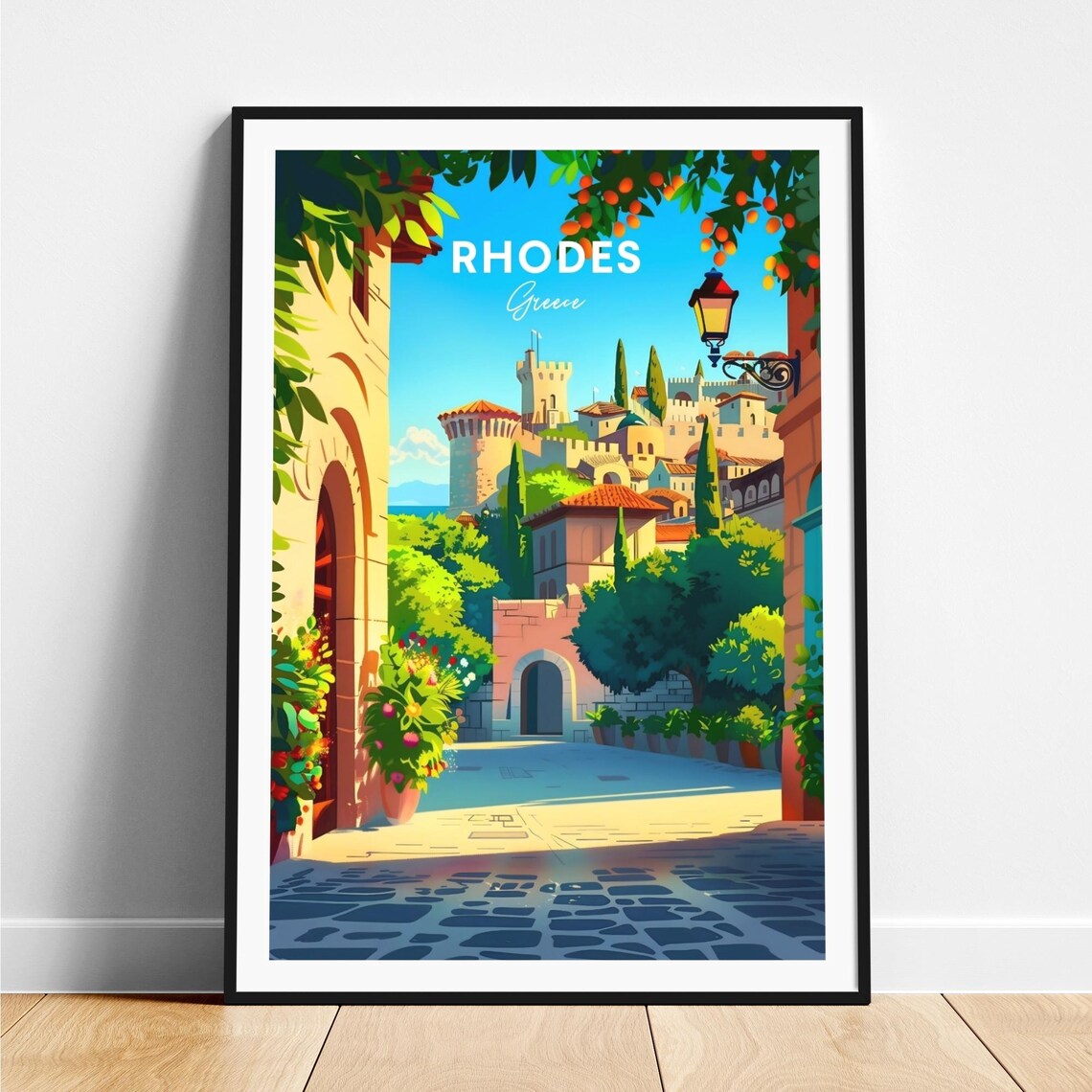 Rhodes Greece Vintage Old Town Castle Travel Illustration Poster