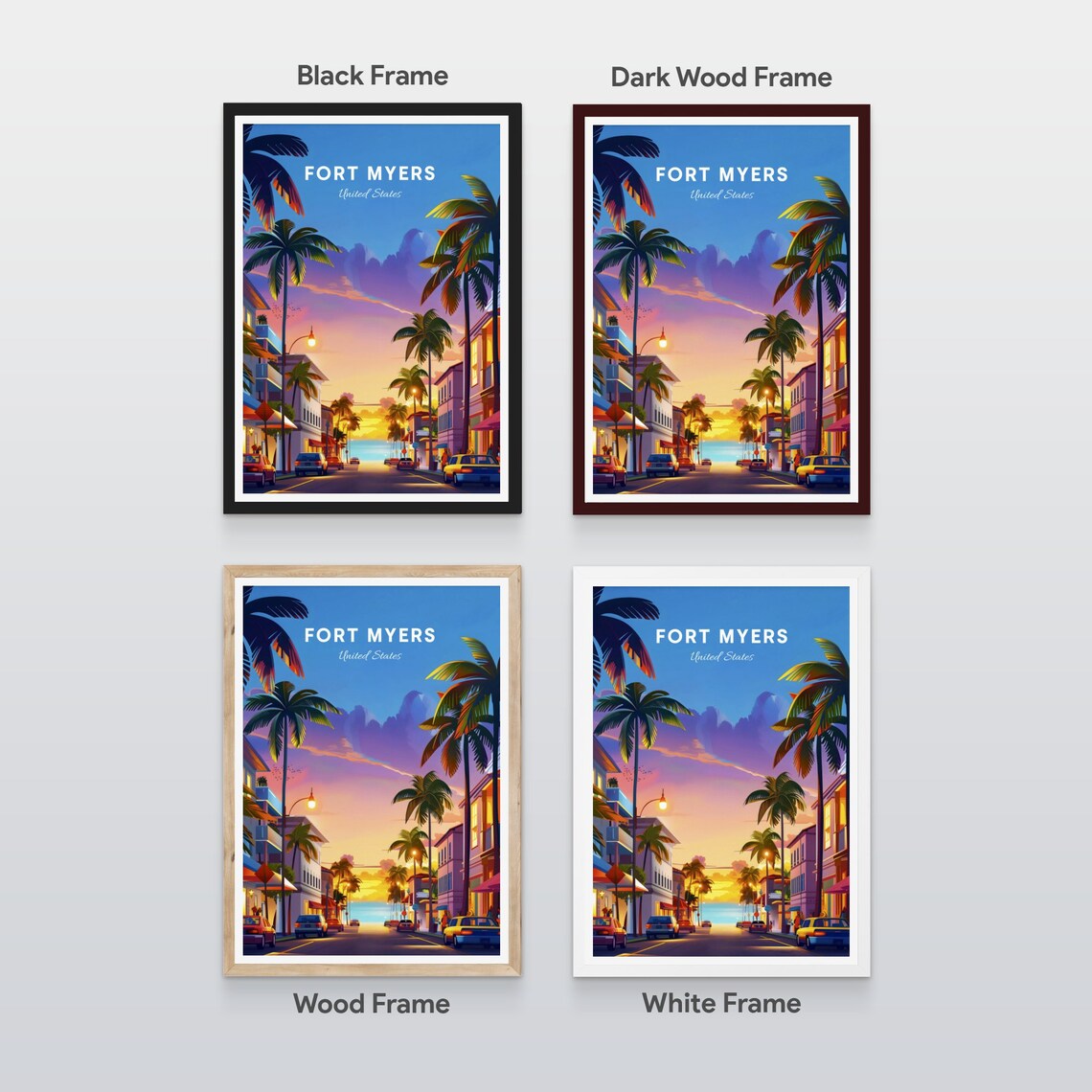 Fort Myers Florida Palm Tree Street Ocean View Travel Art Poster - Image 2