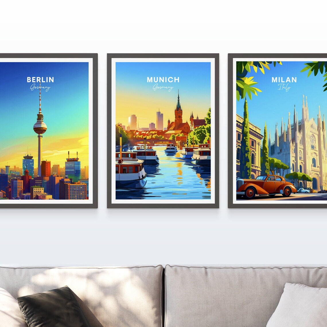 Munich Germany River Sunrise Boats Church Spire Golden Travel Poster - Image 3