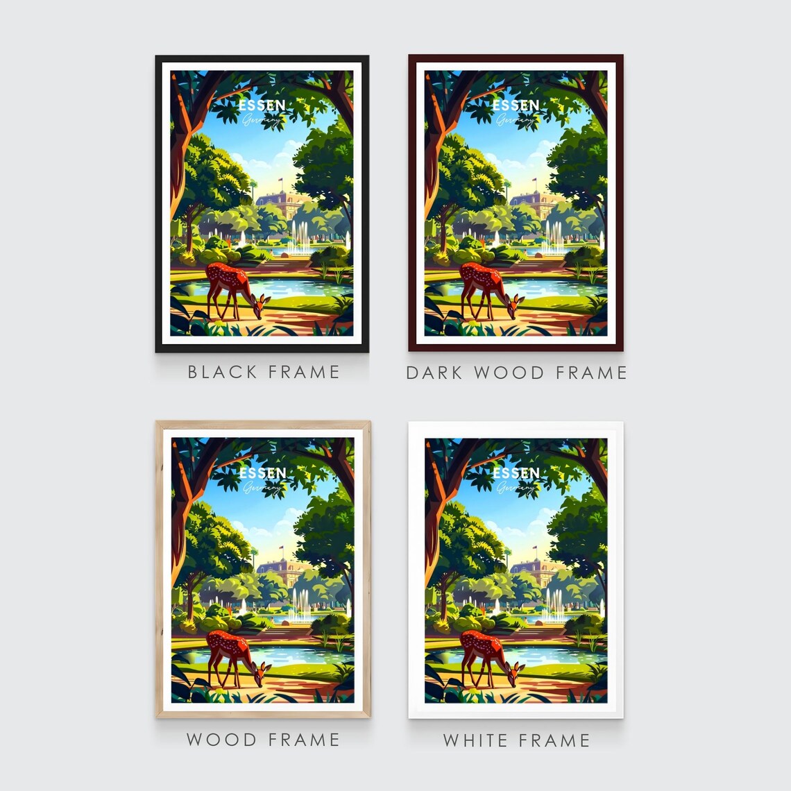 Essen Germany Park Fountain Deer Sunny Garden View Art Poster - Image 3